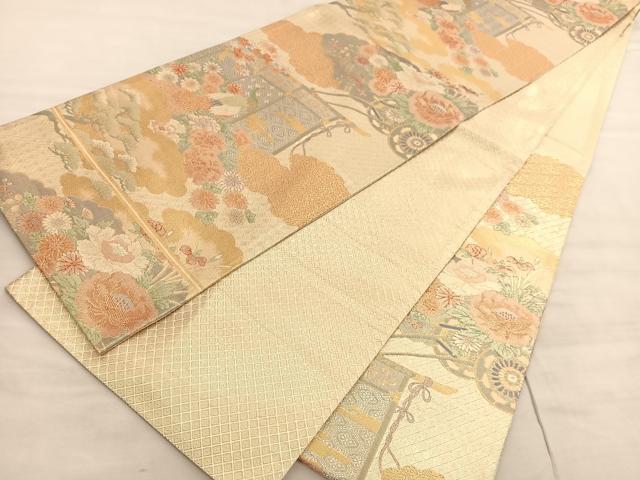 平和屋着物◎宝珠本佐賀錦　六通柄袋帯　九百錦　几帳孔雀花車文　金糸　正絹　逸品　BAAV5447hv