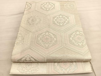 平和屋着物◎六通柄袋帯　唐織　みゆき　亀甲花唐草文　銀糸　正絹　逸品　BAAV5457hv
