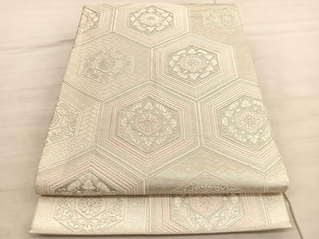 平和屋着物◎六通柄袋帯　唐織　みゆき　亀甲花唐草文　銀糸　正絹　逸品　BAAV5457hv