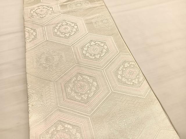 平和屋着物◎六通柄袋帯　唐織　みゆき　亀甲花唐草文　銀糸　正絹　逸品　BAAV5457hv