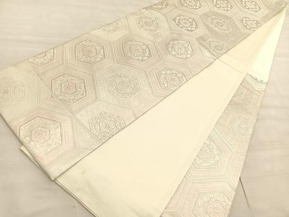 平和屋着物◎六通柄袋帯　唐織　みゆき　亀甲花唐草文　銀糸　正絹　逸品　BAAV5457hv