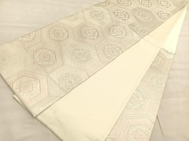 平和屋着物◎六通柄袋帯　唐織　みゆき　亀甲花唐草文　銀糸　正絹　逸品　BAAV5457hv