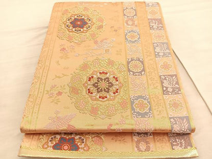 平和屋着物◎両面　六通柄袋帯　唐織　正倉院花喰い鳥文　金糸　正絹　逸品　BAAV5460hv