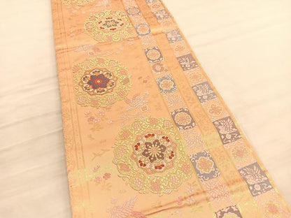 平和屋着物◎両面　六通柄袋帯　唐織　正倉院花喰い鳥文　金糸　正絹　逸品　BAAV5460hv