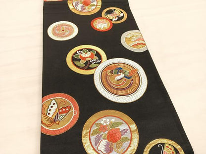 平和屋着物●六通柄袋帯 唐織 鳳凰花蝶丸文 黒地 金銀糸 正絹 逸品 BAAV5497hv