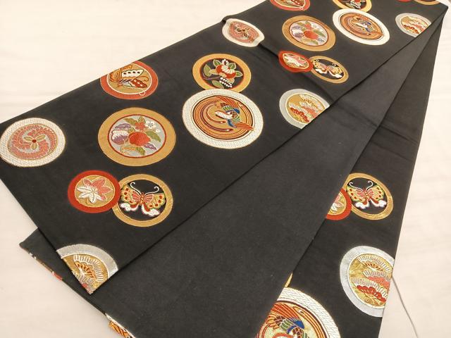 平和屋着物●六通柄袋帯 唐織 鳳凰花蝶丸文 黒地 金銀糸 正絹 逸品 BAAV5497hv