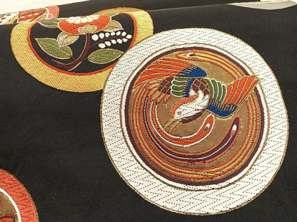 平和屋着物●六通柄袋帯 唐織 鳳凰花蝶丸文 黒地 金銀糸 正絹 逸品 BAAV5497hv