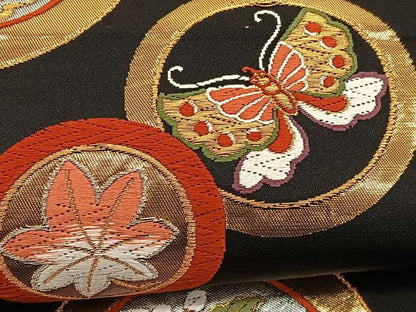 平和屋着物●六通柄袋帯 唐織 鳳凰花蝶丸文 黒地 金銀糸 正絹 逸品 BAAV5497hv