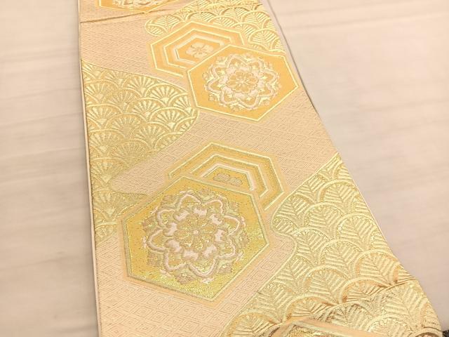 平和屋着物◎六通柄袋帯　唐織　青海波亀甲花文　金糸　正絹　逸品　BAAV5508hv