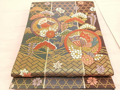 平和屋着物◎六通柄袋帯 唐織錦 松花蝶丸文 金糸 正絹 逸品 BAAV5528hv