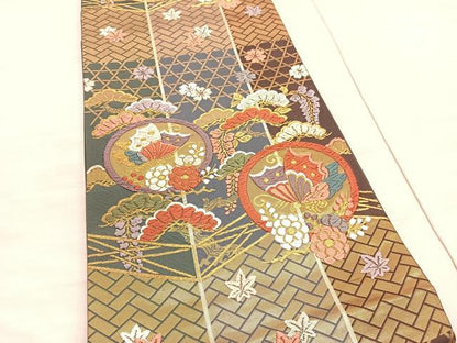 平和屋着物◎六通柄袋帯 唐織錦 松花蝶丸文 金糸 正絹 逸品 BAAV5528hv