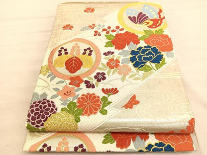 平和屋着物◎六通柄袋帯　唐織　花蝶文　金銀糸　正絹　逸品　BAAV5570hv