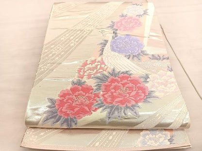 平和屋着物◎六通柄袋帯　唐織　孔雀牡丹文　銀糸　正絹　逸品　BAAV5586hv