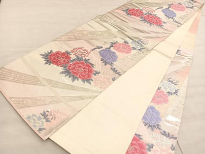 平和屋着物◎六通柄袋帯　唐織　孔雀牡丹文　銀糸　正絹　逸品　BAAV5586hv