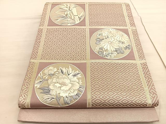 平和屋着物◎六通柄袋帯　駒刺繍　格子有職花丸文　銀彩　正絹　逸品　BAAV5597hv