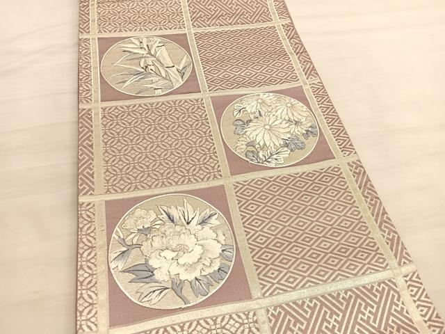 平和屋着物◎六通柄袋帯　駒刺繍　格子有職花丸文　銀彩　正絹　逸品　BAAV5597hv