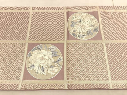 平和屋着物◎六通柄袋帯　駒刺繍　格子有職花丸文　銀彩　正絹　逸品　BAAV5597hv