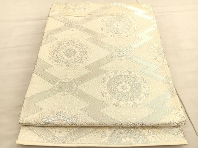 平和屋着物◎六通柄袋帯　唐織　松皮菱花文　銀糸　正絹　逸品　BAAV5623hv