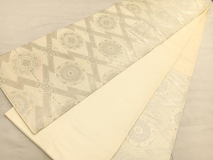 平和屋着物◎六通柄袋帯　唐織　松皮菱花文　銀糸　正絹　逸品　BAAV5623hv