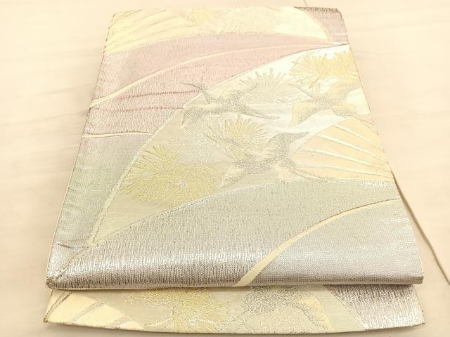 平和屋着物◎六通柄袋帯 扇面飛鶴松文 金銀糸 正絹 逸品 BAAV5627hv
