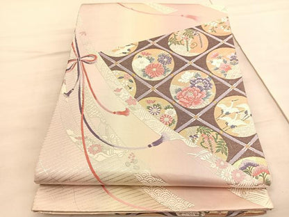 平和屋着物◎両面　六通柄袋帯　唐織　菱天井飛鶴花丸文　本うる志箔　正絹　逸品　BAAV5663hv
