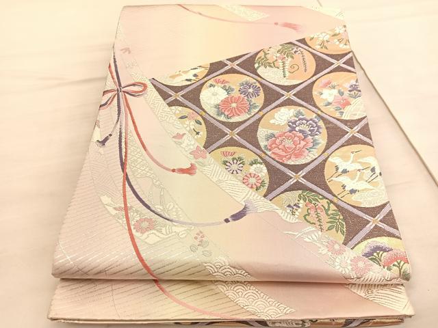 平和屋着物◎両面　六通柄袋帯　唐織　菱天井飛鶴花丸文　本うる志箔　正絹　逸品　BAAV5663hv