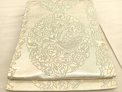 平和屋着物◎六通柄袋帯　孔雀花唐草文　銀糸　正絹　逸品　BAAV5674hv