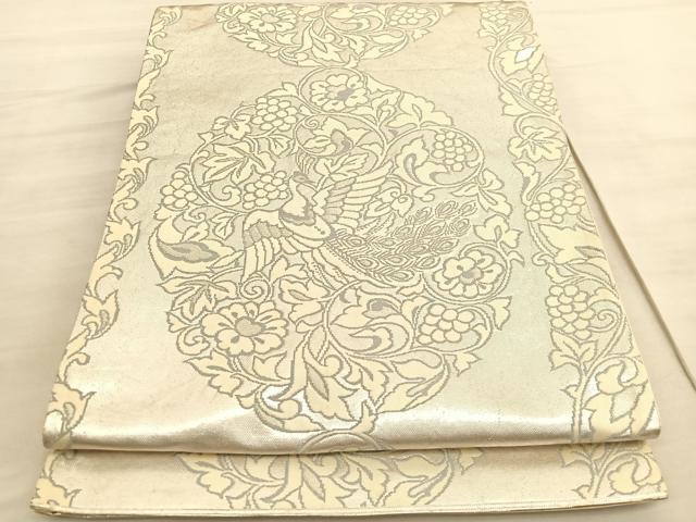 平和屋着物◎六通柄袋帯　孔雀花唐草文　銀糸　正絹　逸品　BAAV5674hv