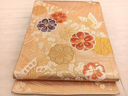 平和屋着物◎六通柄袋帯　唐織　花蝶文　金糸　正絹　逸品　BAAV5736hv