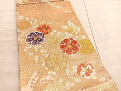 平和屋着物◎六通柄袋帯　唐織　花蝶文　金糸　正絹　逸品　BAAV5736hv