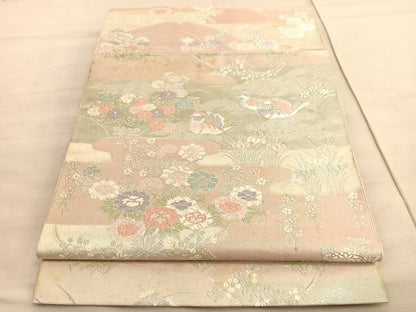 平和屋着物◎西陣　服部織物謹製　六通柄袋帯　唐織　鴛鴦花文　銀糸　正絹　逸品　BAAV5796hv