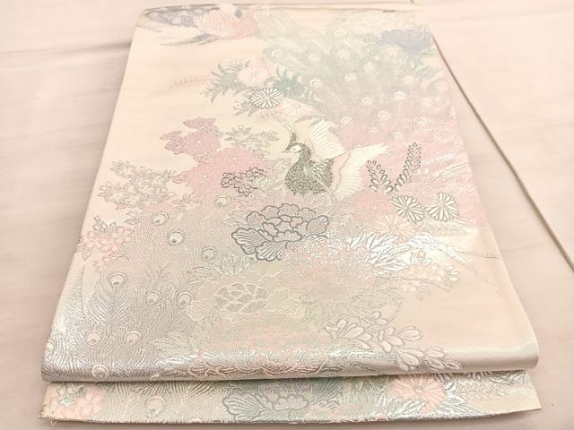 平和屋着物◎六通柄袋帯　唐織　牡丹孔雀文　九百プラチナ　正絹　逸品　BAAV5810hv