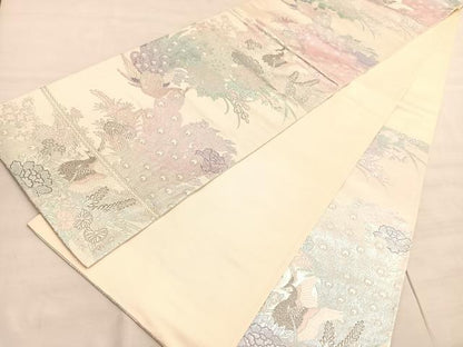平和屋着物◎六通柄袋帯　唐織　牡丹孔雀文　九百プラチナ　正絹　逸品　BAAV5810hv