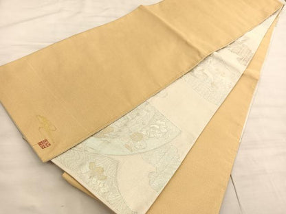 平和屋着物◎西陣　美保姿　染色図案家　橋閑歩　両面　全通柄袋帯　地紙花鳥文　金銀糸　正絹　逸品　BAAV5815hv