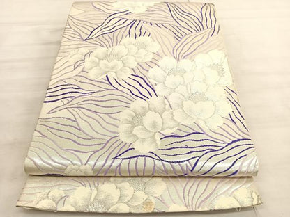 平和屋着物◎六通柄袋帯　草花文　銀糸　正絹　逸品　BAAV5823hv