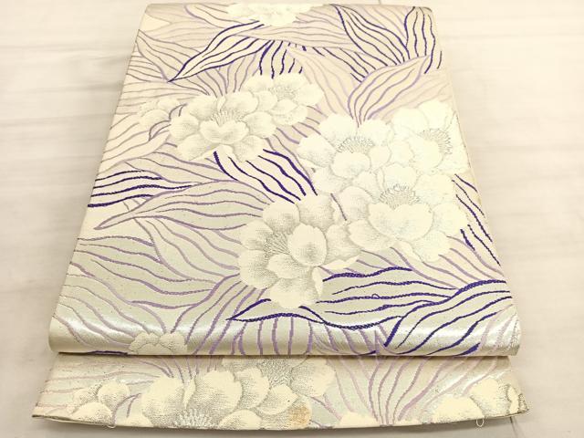 平和屋着物◎六通柄袋帯　草花文　銀糸　正絹　逸品　BAAV5823hv
