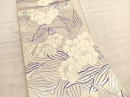 平和屋着物◎六通柄袋帯　草花文　銀糸　正絹　逸品　BAAV5823hv