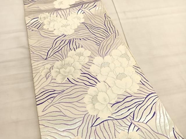 平和屋着物◎六通柄袋帯　草花文　銀糸　正絹　逸品　BAAV5823hv
