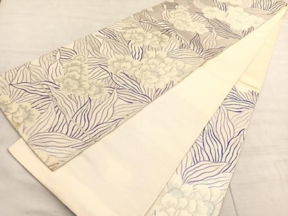 平和屋着物◎六通柄袋帯　草花文　銀糸　正絹　逸品　BAAV5823hv