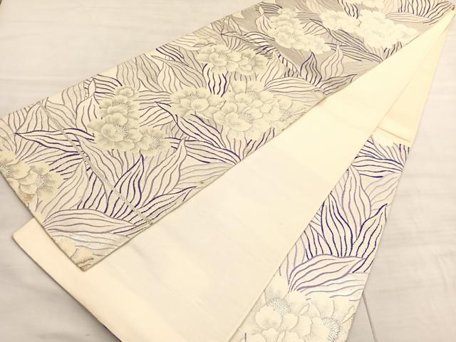 平和屋着物◎六通柄袋帯　草花文　銀糸　正絹　逸品　BAAV5823hv