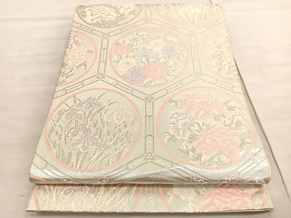 平和屋着物◎西陣　六通柄袋帯　唐織　亀甲花丸文　銀糸　正絹　逸品　BAAV5827hv
