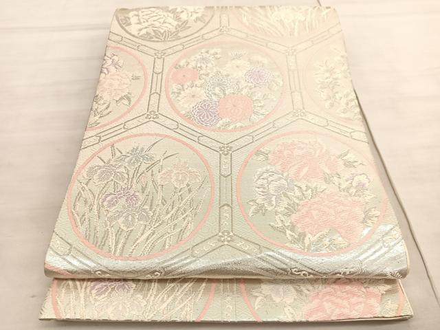 平和屋着物◎西陣　六通柄袋帯　唐織　亀甲花丸文　銀糸　正絹　逸品　BAAV5827hv