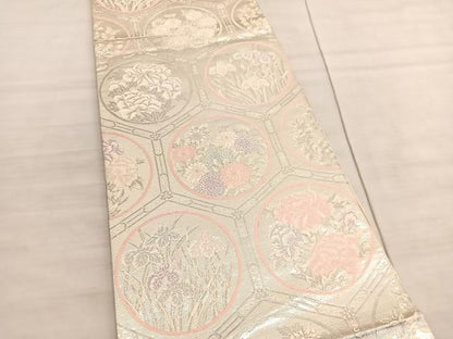 平和屋着物◎西陣　六通柄袋帯　唐織　亀甲花丸文　銀糸　正絹　逸品　BAAV5827hv