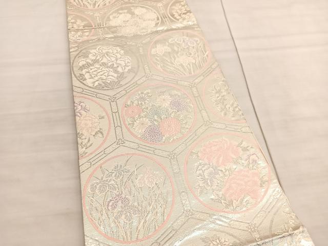 平和屋着物◎西陣　六通柄袋帯　唐織　亀甲花丸文　銀糸　正絹　逸品　BAAV5827hv