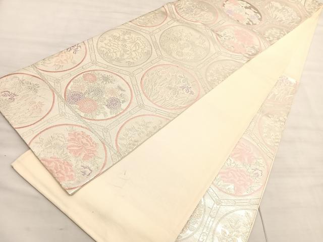 平和屋着物◎西陣　六通柄袋帯　唐織　亀甲花丸文　銀糸　正絹　逸品　BAAV5827hv