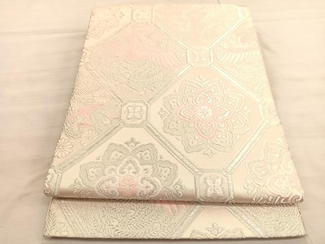 平和屋着物◎六通柄袋帯　唐織　鳳凰菱天井花文　銀糸　正絹　逸品　BAAV5845hv