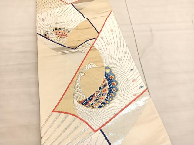 平和屋着物◎六通柄袋帯　唐織　扇面孔雀文　金銀糸　正絹　逸品　BAAV5847hv