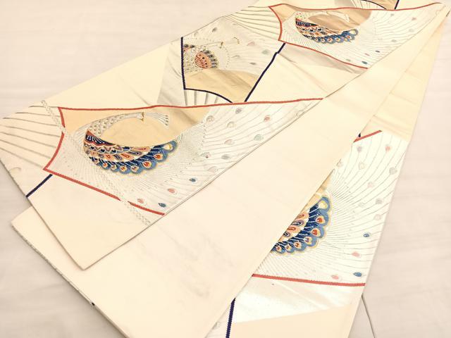 平和屋着物◎六通柄袋帯　唐織　扇面孔雀文　金銀糸　正絹　逸品　BAAV5847hv
