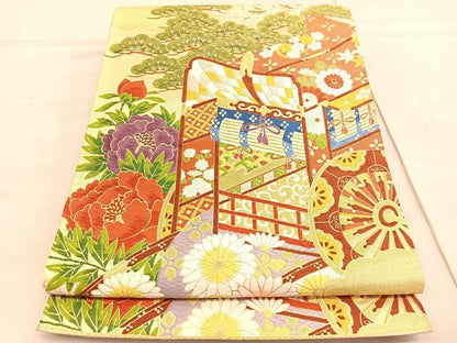平和屋着物◎六通柄袋帯　唐織　花車瑞雲　金銀糸　正絹　逸品　BAAV5849hv