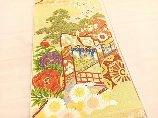 平和屋着物◎六通柄袋帯　唐織　花車瑞雲　金銀糸　正絹　逸品　BAAV5849hv